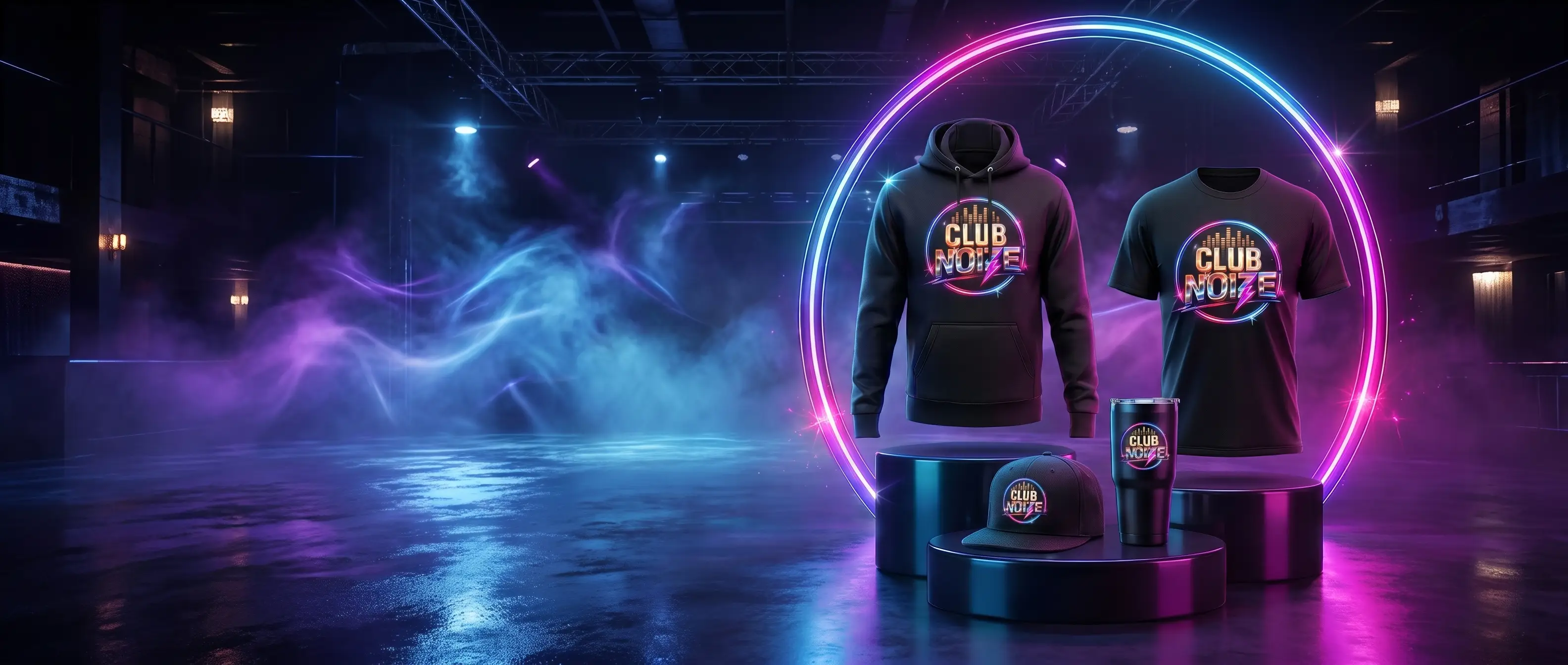 Club Noize hoodie, tee, snapback and tumbler inside a neon ring on a club stage